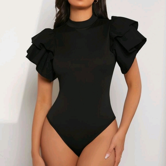 Tops - Mock Neck Exaggerated Ruffle Trim Bodysuit